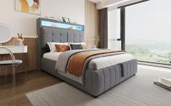 Lit rembourré 140 sur 200 avec LED port USB tête rangement coffre hydraulique avec étagères tissu lin gris