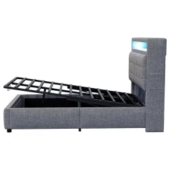 Lit rembourré 140 sur 200 avec LED port USB tête rangement coffre hydraulique avec étagères tissu lin gris
