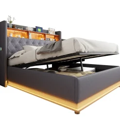 Lit rembourré 160 sur 200 avec rangement hydraulique éclairage LED port USB tissu lin gris moderne