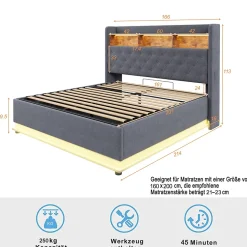 Lit rembourré 160 sur 200 avec rangement hydraulique éclairage LED port USB tissu lin gris moderne