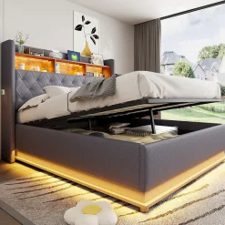 Lit rembourré 160 sur 200 avec rangement hydraulique éclairage LED port USB tissu lin gris moderne