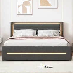 Lit rembourré 160 sur 200 cm avec éclairage LED multicolore et quatre étagères en tissu gris sans matelas