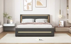 Lit rembourré 160 sur 200 cm avec éclairage LED multicolore et quatre étagères en tissu gris sans matelas