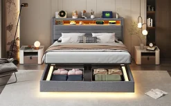 Lit rembourré 160 sur 200 cm cadre flottant hydraulique rangement éclairage LED port USB tête pivotante lin gris