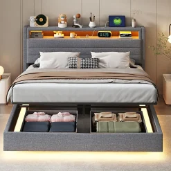 Lit rembourré 160 sur 200 cm cadre flottant hydraulique rangement éclairage LED port USB tête pivotante lin gris