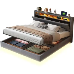 Lit rembourré 160 sur 200 cm cadre flottant hydraulique rangement éclairage LED port USB tête pivotante lin gris