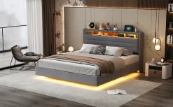 Lit rembourré 160 sur 200 cm cadre flottant hydraulique rangement éclairage LED port USB tête pivotante lin gris