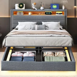 Lit rembourré 140 sur 200 cm cadre flottant hydraulique rangement éclairage LED port USB tête pivotante lin gris