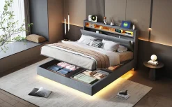 Lit rembourré 140 sur 200 cm cadre flottant hydraulique rangement éclairage LED port USB tête pivotante lin gris