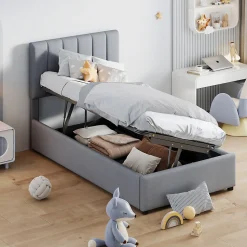Lit rembourré 90 sur 200 cm coffre à rangement hydraulique tête de lit réglable tissu lin gris adultes ou adolescents