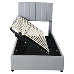 Lit rembourré 90 sur 200 cm coffre à rangement hydraulique tête de lit réglable tissu lin gris adultes ou adolescents