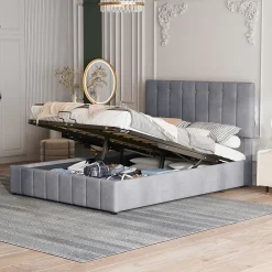 Lit rembourré 140 sur 200 cm coffre hydraulique tête de lit réglable sommier métal velours gris pour adultes ou invités