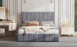 Lit rembourré 140 sur 200 cm coffre hydraulique tête de lit réglable sommier métal velours gris pour adultes ou invités