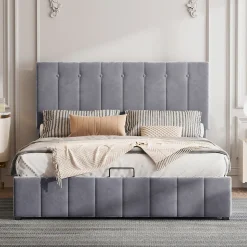 Lit rembourré 140 sur 200 cm coffre hydraulique tête de lit réglable sommier métal velours gris pour adultes ou invités