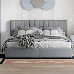 Lit rembourré 180 sur 200 cm coffre hydraulique tissu lin gris lit double multifonction adulte ou invité