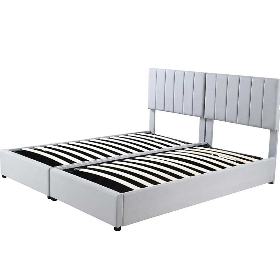 Lit rembourré 180 sur 200 cm coffre hydraulique tissu lin gris lit double multifonction adulte ou invité