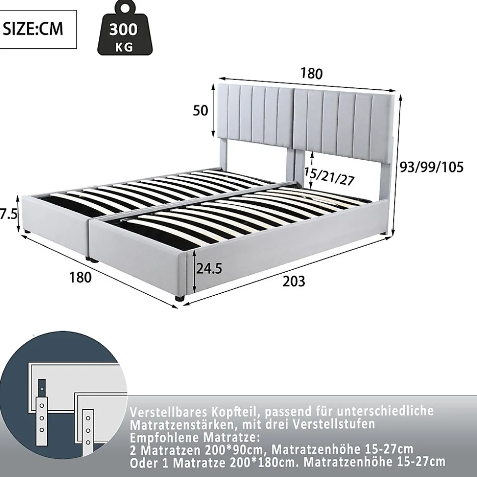 Lit rembourré 180 sur 200 cm coffre hydraulique tissu lin gris lit double multifonction adulte ou invité