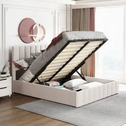 Lit rembourré 140 sur 200 cm coffre hydraulique tête de lit réglable sommier métal velours crème pour adultes ou invités