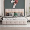 Lit rembourré 140 sur 200 cm coffre hydraulique tête de lit réglable sommier métal velours doux crème pour adultes ou invités