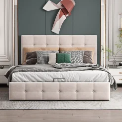 Lit rembourré 140 sur 200 cm coffre hydraulique tête de lit réglable sommier métal velours doux crème pour adultes ou invités