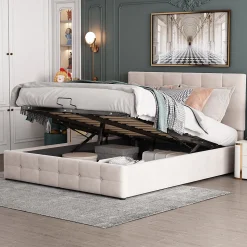 Lit rembourré 140 sur 200 cm coffre hydraulique tête de lit réglable sommier métal velours doux crème pour adultes ou invités