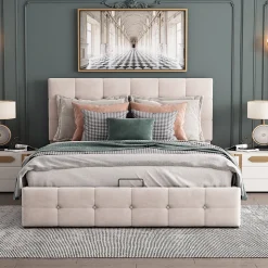 Lit rembourré 140 sur 200 cm coffre hydraulique tête de lit réglable sommier métal velours doux crème pour adultes ou invités