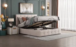 Lit rembourré 140 sur 200 cm coffre hydraulique tête de lit réglable sommier métal velours doux crème pour adultes ou invités