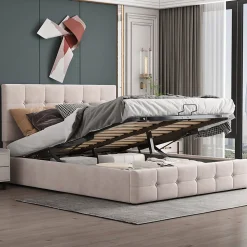 Lit rembourré 140 sur 200 cm coffre hydraulique tête de lit réglable sommier métal velours doux crème pour adultes ou invités