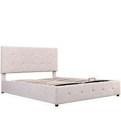 Lit rembourré 140 sur 200 cm coffre hydraulique tête de lit réglable sommier métal velours doux crème pour adultes ou invités