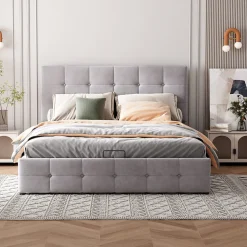 Lit rembourré 140 sur 200 cm coffre hydraulique tête réglable sommier métal velours gris