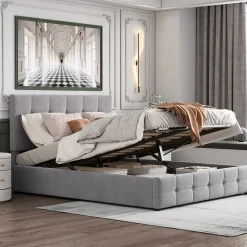 Lit rembourré 140 sur 200 cm coffre hydraulique tête réglable sommier métal velours gris