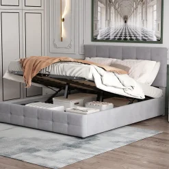 Lit rembourré 140 sur 200 cm coffre hydraulique tête réglable sommier métal velours gris