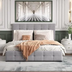 Lit rembourré 140 sur 200 cm coffre hydraulique tête réglable sommier métal velours gris