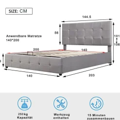 Lit rembourré 140 sur 200 cm coffre hydraulique tête réglable sommier métal velours gris