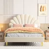 Lit Rembourré 140 X 200 Cm, Lit Double Avec Tête De Lit à Pétales Et Sommier à Lattes, Velours,beige