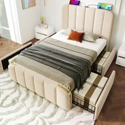 Lit rembourré 90 x 200 cm, lit simple avec 4 tiroirs, tête de lit avec fonction de recharge USB Type-C, lin, beige, sans matelas