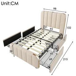 Lit rembourré 90 x 200 cm, lit simple avec 4 tiroirs, tête de lit avec fonction de recharge USB Type-C, lin, beige, sans matelas
