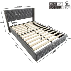Lit rembourré 160 x 200 cm, sommier à lattes, tête de lit, velours gris Blackcolors