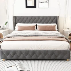 Lit rembourré 160 x 200 cm, sommier à lattes, tête de lit, velours gris Blackcolors