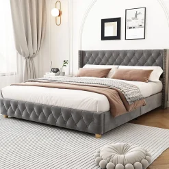 Lit rembourré 160 x 200 cm, sommier à lattes, tête de lit, velours gris Blackcolors