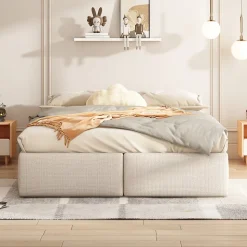 Lit rembourré coffre 140x200 cm avec 2 tiroirs, lit adulte avec sommier à lattes, sans tête de lit, tissu en lin, beige