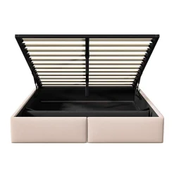 Lit rembourré coffre 140x200 cm avec 2 tiroirs, lit adulte avec sommier à lattes, sans tête de lit, tissu en lin, beige