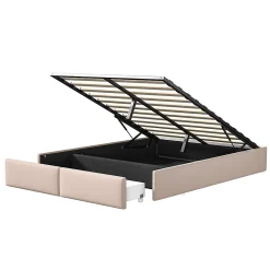 Lit rembourré coffre 140x200 cm avec 2 tiroirs, lit adulte avec sommier à lattes, sans tête de lit, tissu en lin, beige