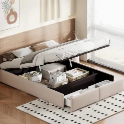 Lit rembourré coffre 140x200 cm avec 2 tiroirs, lit adulte avec sommier à lattes, sans tête de lit, tissu en lin, beige