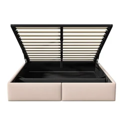 Lit rembourré coffre 140x200 cm avec 2 tiroirs, lit adulte avec sommier à lattes, sans tête de lit, tissu en lin, beige