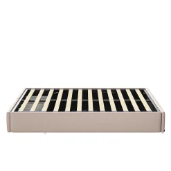 Lit rembourré coffre 140x200 cm avec 2 tiroirs, lit adulte avec sommier à lattes, sans tête de lit, tissu en lin, beige