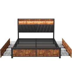 Lit Rembourré En Métal 180 X 200 Cm Avec Tête De Lit, 4 Tiroirs, LED Et Station De Charge