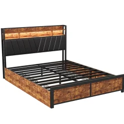 Lit Rembourré En Métal 180 X 200 Cm Avec Tête De Lit, 4 Tiroirs, LED Et Station De Charge