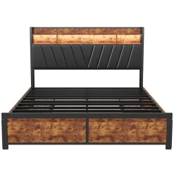 Lit Rembourré En Métal 180 X 200 Cm Avec Tête De Lit, 4 Tiroirs, LED Et Station De Charge