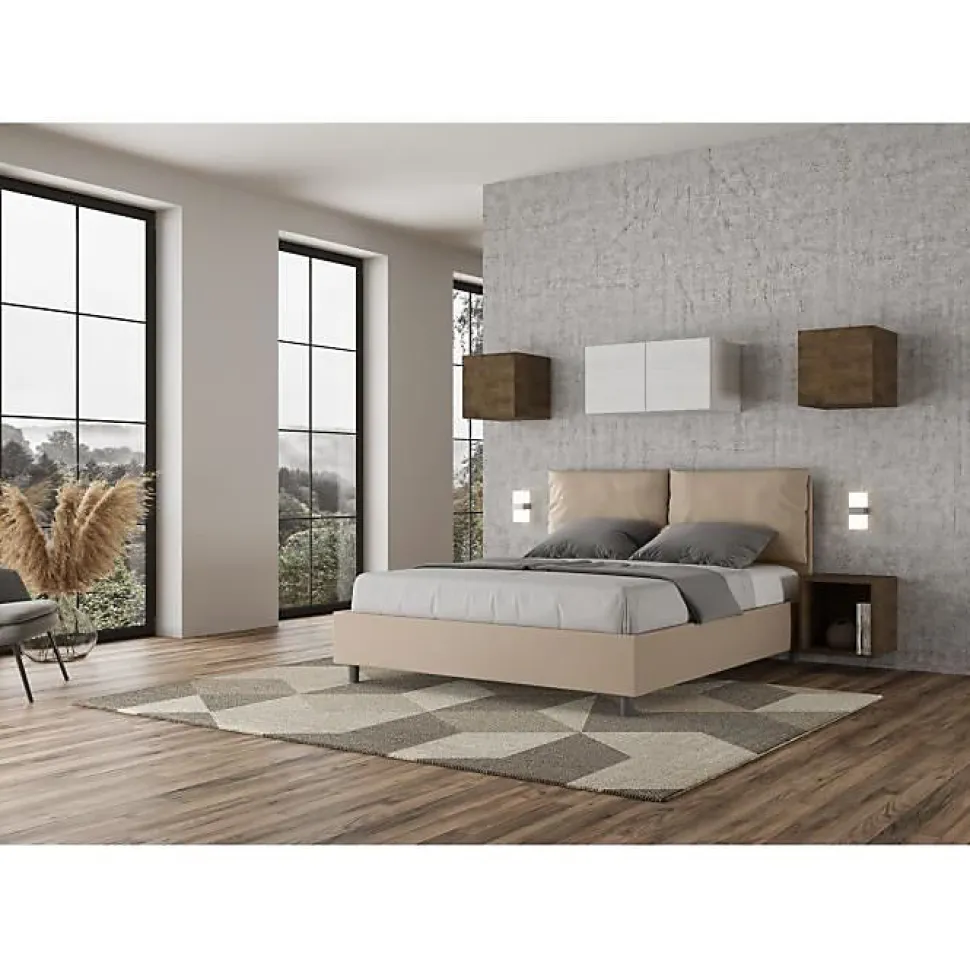 Lit rembourré en simili cuir gris tourterelle Antea sans sommier 160x200